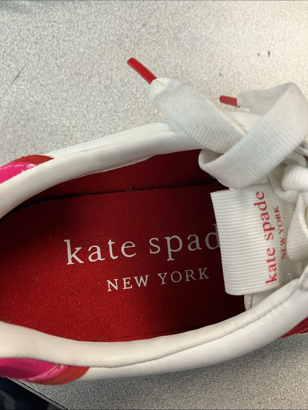kate spade White Leather Sneakers with Red Side Stripe and Pink Heel Tab